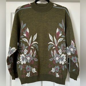 Vintage Camela Wool Blend Floral Tapestry Knit Sweater Olive Green Size 38